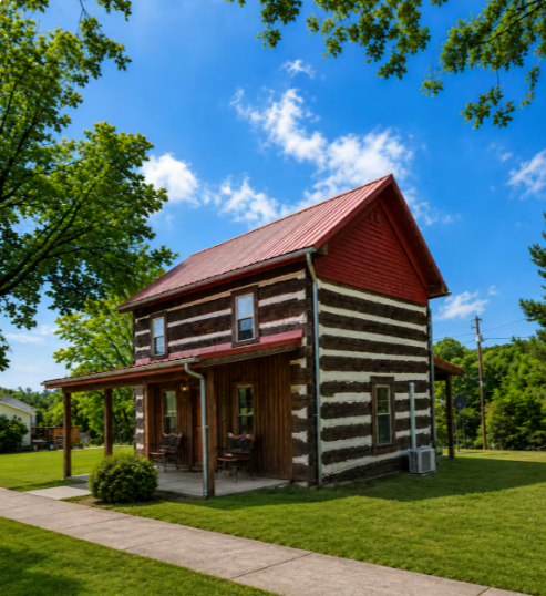 The two-story log cabin with red metal roof and covered porch under a bright blue summer sky