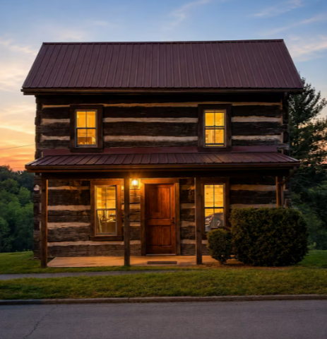The historic log cabin at dusk, porch lantern and windows glowing warm against a sunset sky